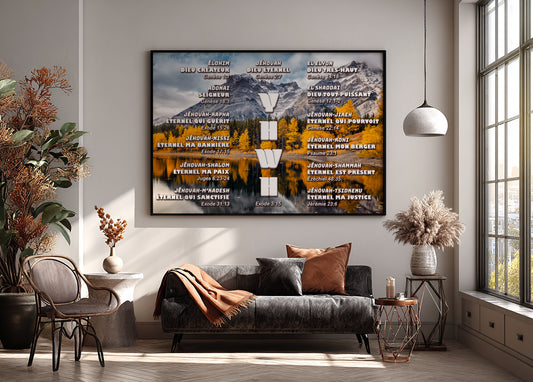 Toile - Les noms de Dieu avec YHWH au milieu, (montagnes en arrière plan)