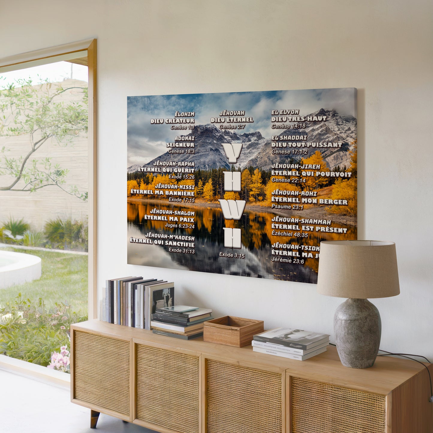 Toile - Les noms de Dieu avec YHWH au milieu, (montagnes en arrière plan)